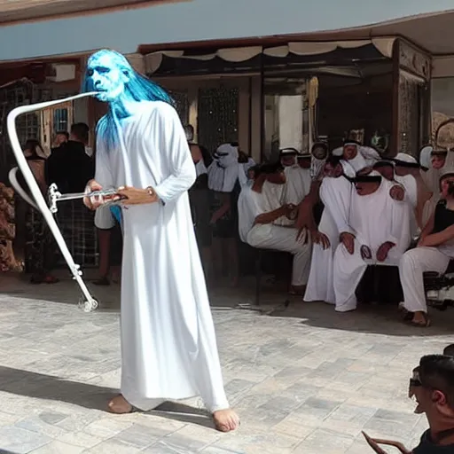 Image similar to a white walker playing a trombone in dubai