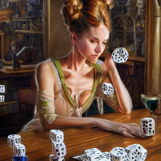 Prompt: a portrait of anthropomorphic ballerina sitting around a table in a tavern playing dice, furaffinity, by donato giancola and james gurney