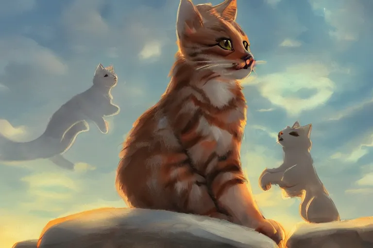 Prompt: cat standing on a rock in front of a crowd of cats, dramatic, backlighting, trending on artstation, digital art, trending on furaffinity, by kawacy