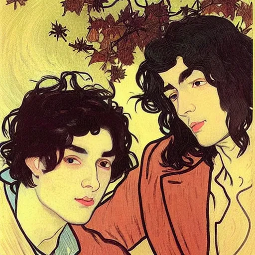 Image similar to painting of young cute handsome beautiful dark medium wavy hair man in his 2 0 s named shadow taehyung and cute handsome beautiful min - jun together at the halloween! party, bubbling cauldron!, candles!, smoke, autumn! colors, elegant, wearing suits!, clothes!, delicate facial features, art by alphonse mucha, vincent van gogh, egon schiele