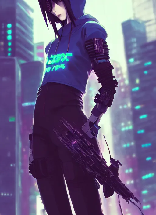 Prompt: cyberpunk anime girl in hoodie, grafity, neonpunk, alita, arcane, action, tokyo street, detail, good face, pose model, concept art, in style of yoji shinkawa, pan ren wei, col price, atey ghailan, by greg rutkowski, aesthetic