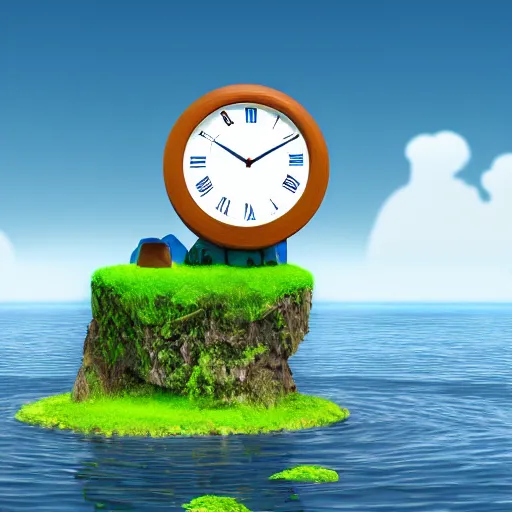 Image similar to a clock floating on an floating island, there are clouds around, it is on earth, on the background there are other floating islands too, floating at the ozone layer, cartoony, 4 k resolution, award winning