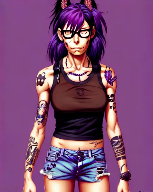 Image similar to a portrait of revy from black lagoon, black tank top, jean shorts, brown eyes, purple hair, tribal tattoos right arm sleeve, symmetrical eyes, symmetrical face, art by lois van baarle and loish and ross tran and rossdraws and sam yang and artgerm