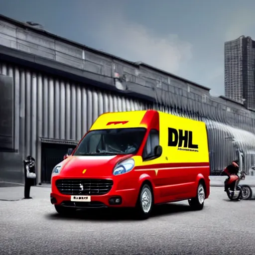 Prompt: A commercial van designed and produced by Ferrari, with DHL livery promotional photo