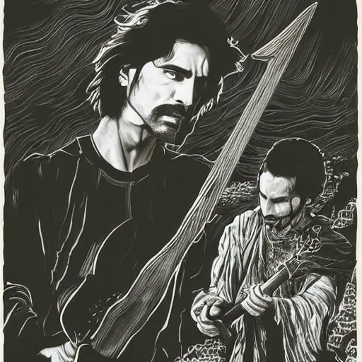 Image similar to attractive 22 year old Frank Zappa x Daniel Radcliff x Keanu Reeves golden Vagabond magic swordsman glides through a beautiful battlefield magic the gathering dramatic esoteric!!!!!! pen and ink!!!!! illustrated in high detail!!!!!!!! by Hiroya Oku!!!!! Written by Wes Anderson graphic novel published on shonen jump 2002 award winning!!!!