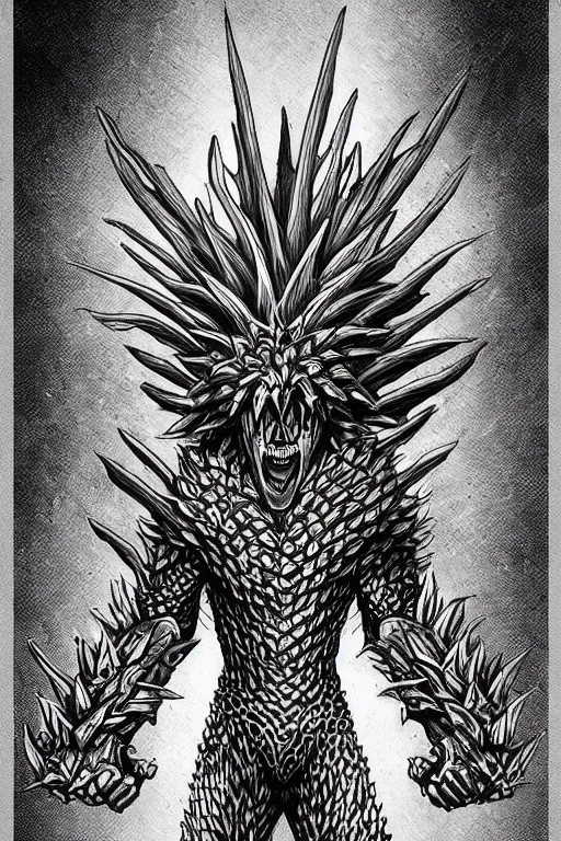 Image similar to screaming pineapple humanoid figure monster wearing themed armour, symmetrical, highly detailed, digital art, sharp focus, trending on art station, kentaro miura manga art style