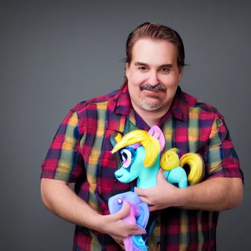 Prompt: fat mike lindell holding a my little pony plushy. commercial photography