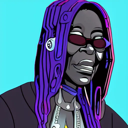 Image similar to cyberpunk robotic whoopi goldberg, sharp lines, digital, artstation, colored in