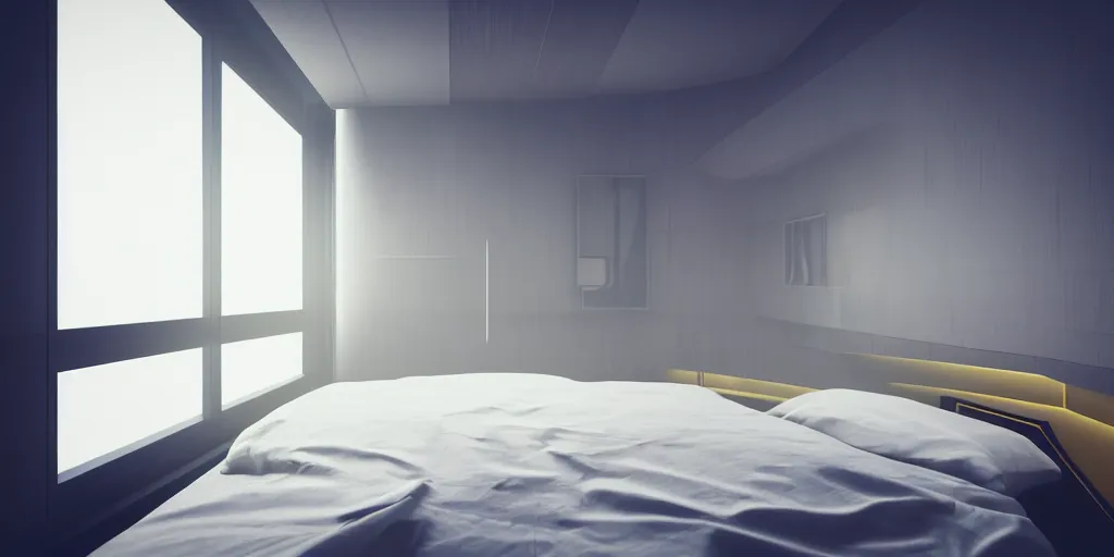 Prompt: top angle close up photography looking down at a corner of a futuristic confy white bedroom, sheets lying in the floor against a corner window, with some wood and gold details and a huge futuristic single sheet glass window overlooking a cyberpunk metropolis, environmental lighting, stormy weather, ray tracing, amazing view, highly detailed, octane render, unreal engine 5, 4 k