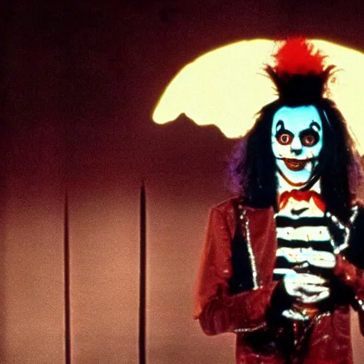 Image similar to a cinematic film still from a 1980s horror film about a Alice cooper clown, vintage, color film still, moon lighting