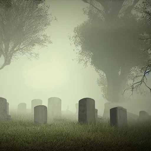 Prompt: Spooky cemetery at night, foggy, ghost roaming the area, Octane engine, 8k, photo realistic, hyperdetailed, atmospheric