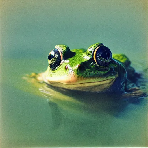 Image similar to “semitranslucent smiling frog amphibian rising above the waters of misty lake in Jesus Christ pose, low angle, polaroid shot by Andrei Tarkovsky, paranormal, spiritual, mystical”