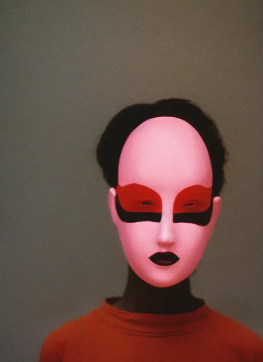 Image similar to a fashion portrait photograph of a woman wearing a plastic mask designed by mark rothko, 3 5 mm, color film camera,