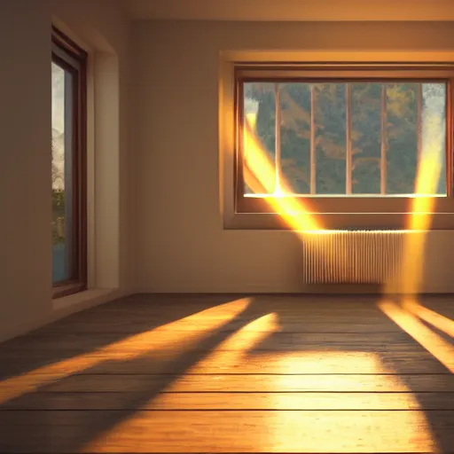 Prompt: rays of the sun shining through the window. very beautiful, warm shiny colors, octane render