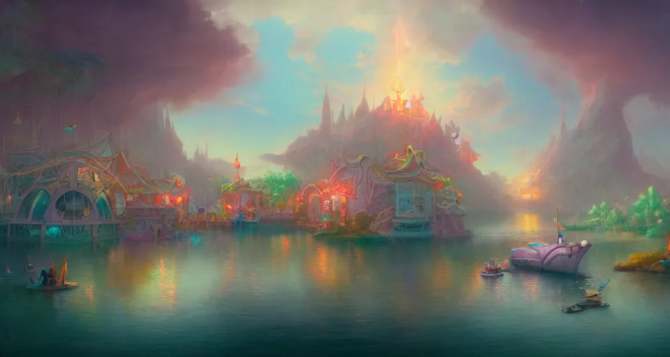 Image similar to an amusement park boat ride with pastel colors by peter mohrbacher, vivid colors, matte painting, 8K, concept art, mystical color scheme, trending on artstation