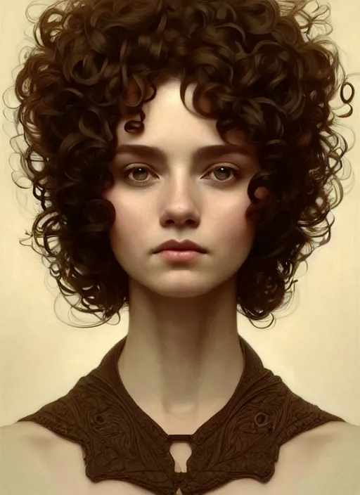 Prompt: symmetry!! portrait of a woman with short curly hair, round face, cottagecore!!, nature, intricate, elegant, highly detailed, digital painting, artstation, concept art, smooth, sharp focus, illustration, art by artgerm and greg rutkowski and alphonse mucha