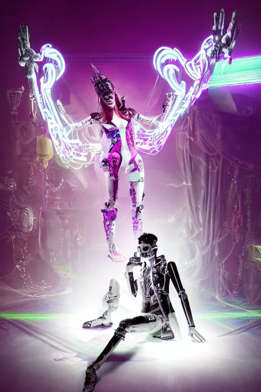 Prompt: full-body rococo and cyberpunk style neon statue of a muscular attractive Zayn Malik macho dotado e rico android sim roupa reclining con las piernas abertas e la piroca dura, glowing white laser eyes, prince crown of pink gears, diamonds, swirling silver-colored silk fabric. futuristic elements. full-length view. space robots. human skulls. intricate artwork by caravaggio. Trending on artstation, octane render, cinematic lighting from the right, hyper realism, octane render, 8k, depth of field, 3D