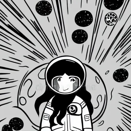 Prompt: clean simple line art of a little girl with long curly hair floating in space. she is an astronaut, wearing a space suit. white background. well composed, clean black and white line drawing, beautiful detailed face. illustration by charlie adlard