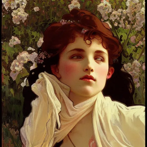 Image similar to a beautiful painting of a young girl in the scottish highlands, underexposed and overcast, by alphonse mucha, john sargent, and octane.