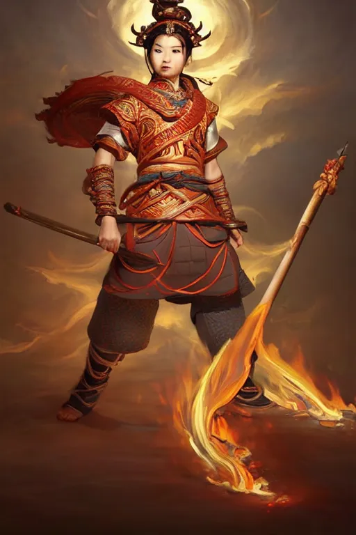 Image similar to charming nezha, highly detailed, man holding spear, flame everywhere, epic pose, masterpiece chinese fantasy character portrait, highly detailed, digital painting, trending on artstation, concept art, sharp focus, illustration, global illumination, ray tracing, realistic shaded, art by artgerm and greg rutkowski and fuji choko and viktoria gavrilenko and hoang lap