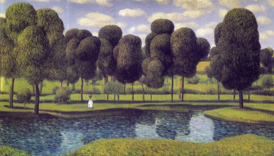 Prompt: and it used to be for a while that the river flowed right to my door making me just a little too free but now the river doesn't seem to stop here anymore, by magritte, renoir, colorful, impressionist