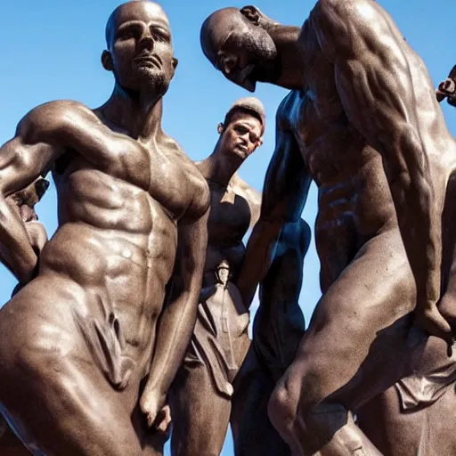 Image similar to group of young men worshipping giant statue of joe rogan and andrew tate in real life, 8 k, 4 k uhd, realistic, hyper realistic, super detailed, very detailed, detailed