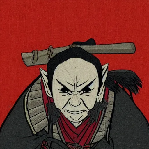 Image similar to samurai with gollum face, winter, snow, depressed, dark