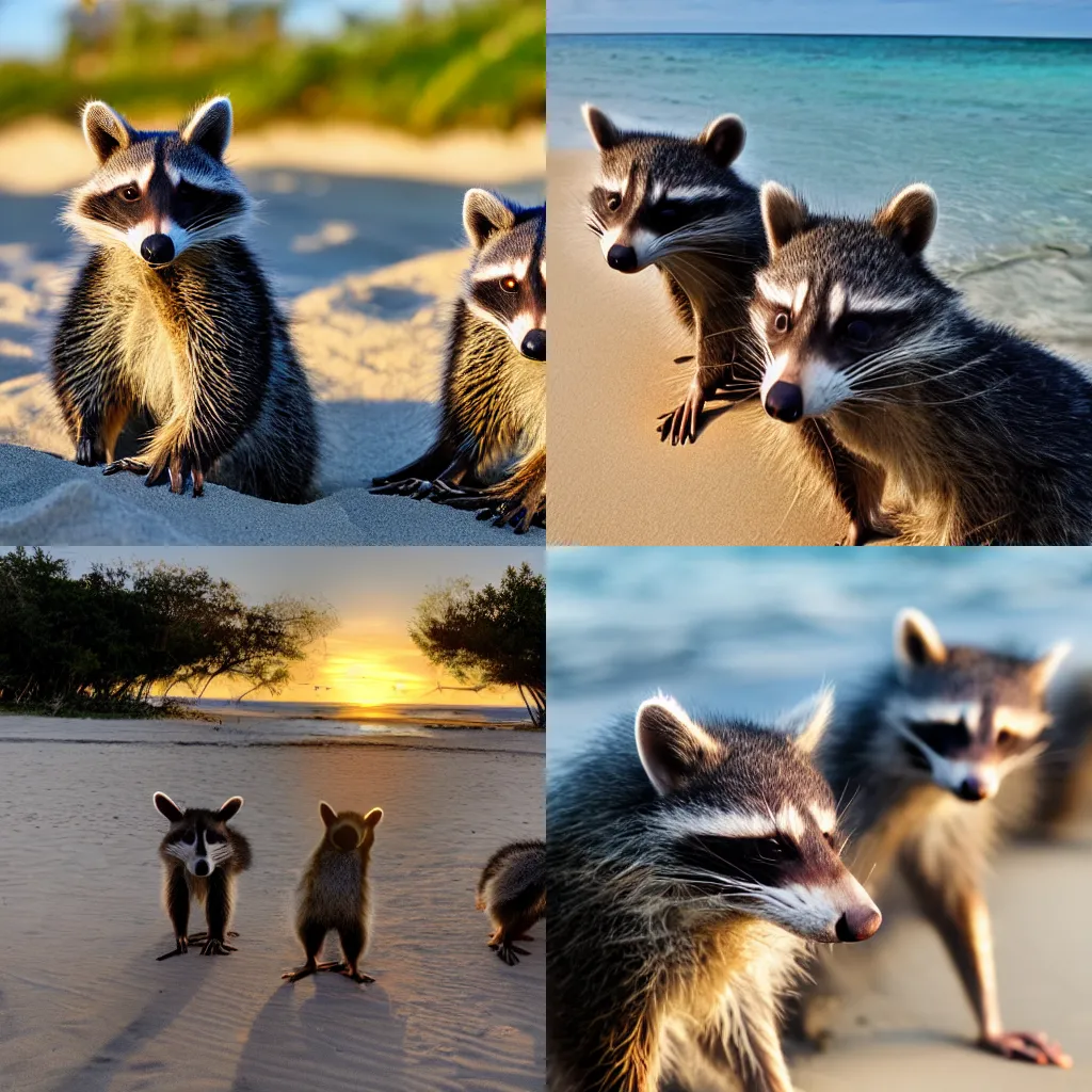 Prompt: Smiling racoons on the beach, going forward to the sunset