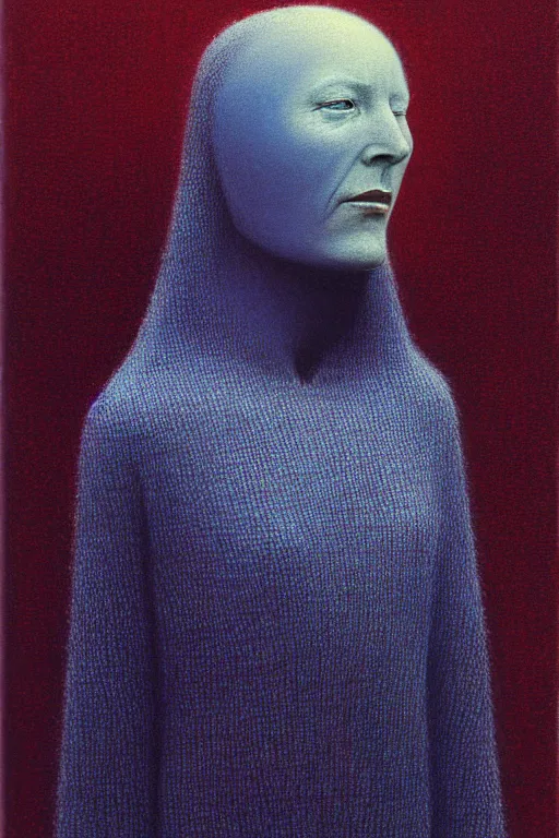 Image similar to a portrait of the sapphire herald in an elegant winter sweater, by zdzislaw beksinski, by dariusz zawadzki, artbook, tone mapped, deep blues, shiny, soft lighting