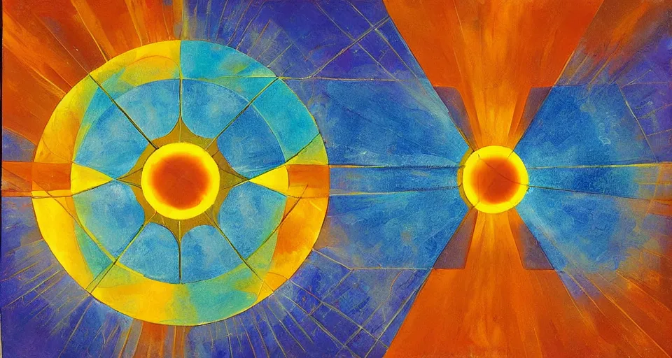 Image similar to hexagonal solar sail between the sun and earth, art deco painting