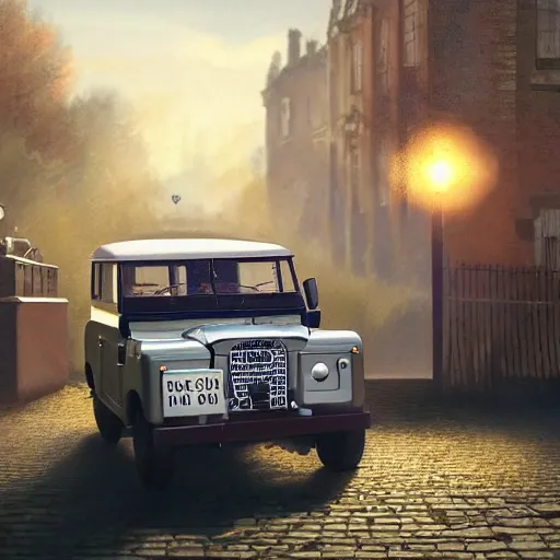 Image similar to Intricate detailed illustration, Queen Elizabeth II laying a golden egg, Land Rover Series II in the background, cinematic lighting, by Philip Hood, wide angle, volumetric light scattering, 8k, artstation, concept art,