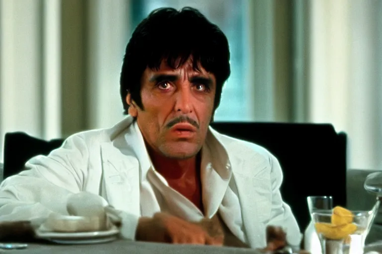 Image similar to tony montana from movie scarface 1 9 8 3 sitting at a ( big black oak table ) with ( big packages of flour ). next to the night window. ( al pacino ). perfect symmetric face, coherent eyes,, fine details, 4 k, ron cobb, cinestill