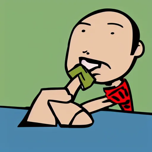 Image similar to a Pixar style cartoon of a man chewing on a bandaid.