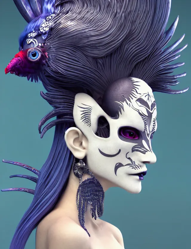 Image similar to 3 d goddess close - up profile simple portrait punk with mohawk with goat skull. beautiful intricately detailed japanese crow kitsune mask and clasical japanese kimono. betta fish, jellyfish phoenix, bio luminescent, plasma, ice, water, wind, creature, artwork by tooth wu and wlop and beeple and greg rutkowski