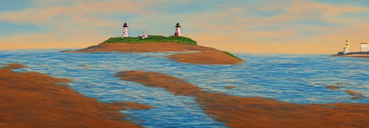 Image similar to super detailed acrylic painting of Prince Edward Island with ocean,a single lighthouse and sand dunes.