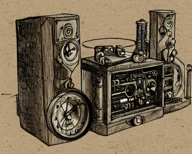 Image similar to steampunk mechanical hifi stereo system sketch by leonardo da vinci