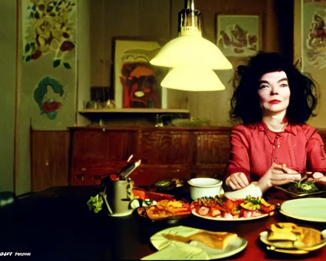 Prompt: 1 9 7 9 a soviet movie still a bjork woman sitting at a table with a plate of food in dark warm light, a character portrait by bjork, featured on cg society, neo - fauvism, movie still, 8 k, fauvism, cinestill, bokeh, gelios lens