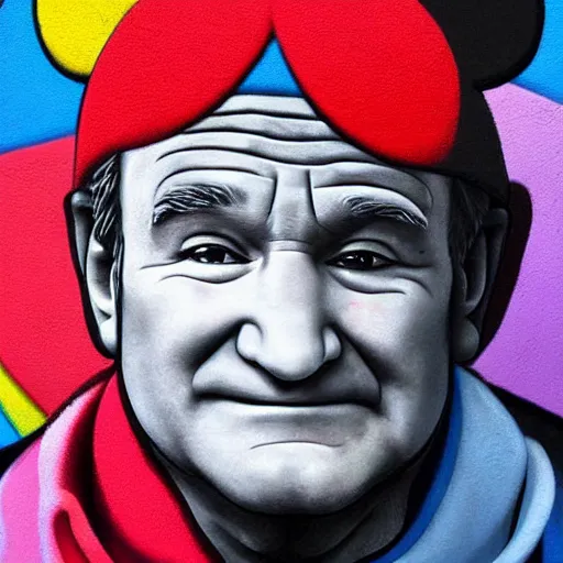 Prompt: robin williams street art mural by kaws : 1 high contrast, hard edges, matte painting, geometric shapes, masterpiece : 1