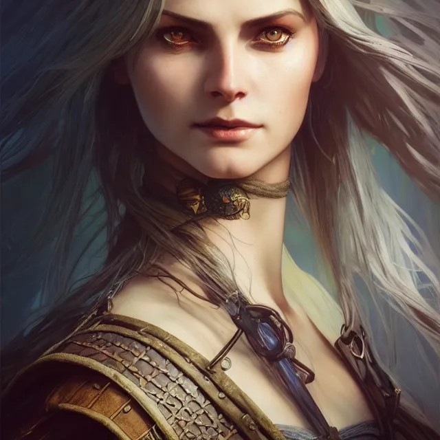 Image similar to close up portrait of a beautiful female witcher, shiny, glowing hair, subsurface scattering, artistic, magical background with light rays, fantasy atmosphere. art by artgerm, greg rutkowski and alphonse mucha, highly detailed, intricate, lifelike. sci - fi, fantasy, magical, octane render,