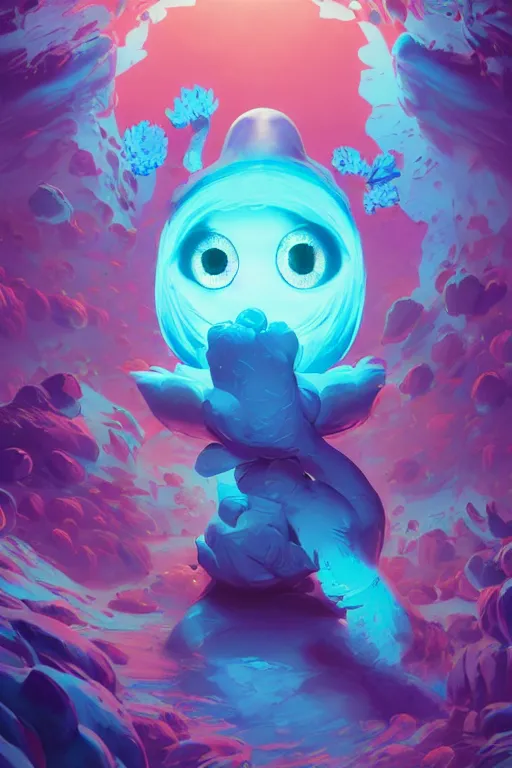 Image similar to smurf ghost creature animal sushi cristal very big eye roots cactus elemental flush of force nature micro world fluo fishscale, behance hd by jesper ejsing, by rhads, makoto shinkai and lois van baarle, ilya kuvshinov, rossdraws radiating a glowing aura global illumination ray tracing hdr