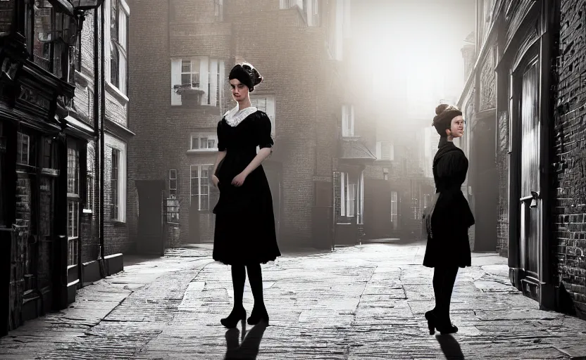 Prompt: photorealistic young Victorian woman wearing a black dress and hair in a bun, standing in a busy Victorian London back alley, in the background are street sellers, people. Evening sunlight. Gaslight street lamps. 8K. detailed. photorealism. artstation. 25mm f/1.7 ASPH Lens. ultra realistic