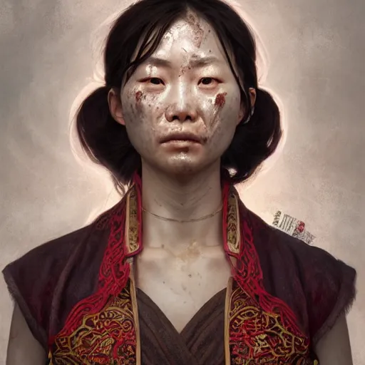 Prompt: portrait painting of a bloodied north chinese female butcher, ultra realistic, concept art, intricate details, eerie, highly detailed, photorealistic, octane render, 8 k, unreal engine. art by artgerm and greg rutkowski and alphonse mucha