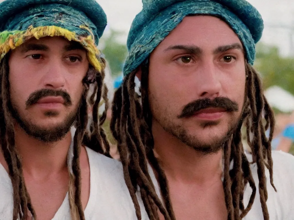 Image similar to Close up of Mario with dreads in a hat in Harmony Korine Spring Breakers film aesthetic!!! photorealistic