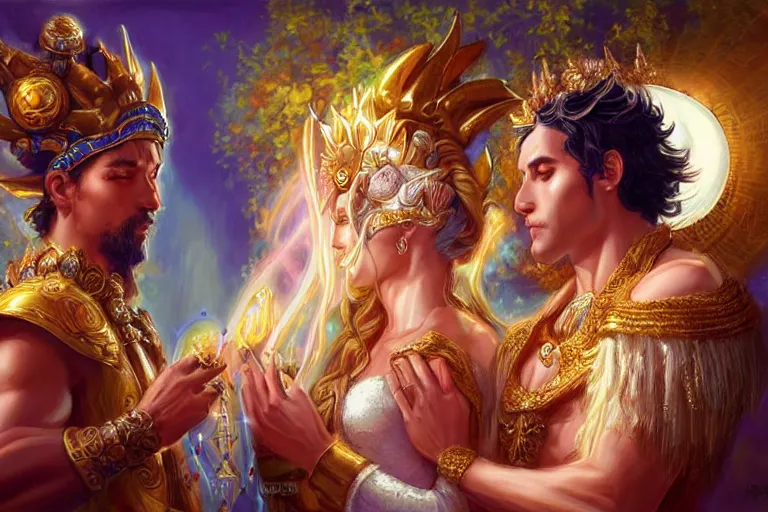 Prompt: close up moment of a divine a sun god and a moon goddess lovers magician at a wedding banquet, highly detailed, d & d, fantasy, highly detailed, digital painting, trending on artstation, concept art, sharp focus, illustration, art by artgerm and daniel gerhartz and magali villeneuve