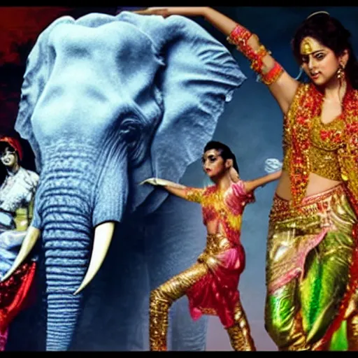 Image similar to bollywood movie, an elephant wearing a silver latex suit and an iridescent metal helmet surrounded by women dancing in colorful flowing intricate dresses on a tropical alien planet