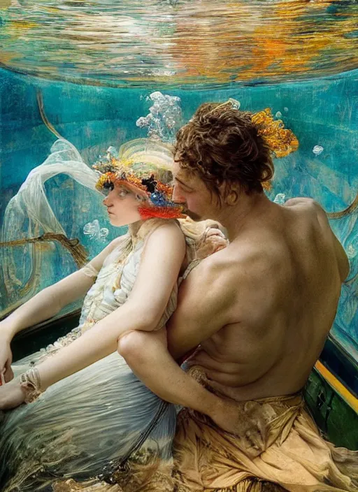 Image similar to detailed colourful masterpiece of photography by anne leibovitz couple portrait sat down extreme closeup, love, inside an underwater train, detailed realistic expressions, wearing unusual clothes, by ford madox brown and william powell frith and frederic leighton, ultra wide angle