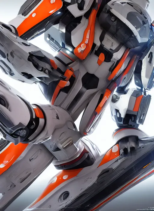 Image similar to a Photorealistic dramatic hyperrealistic full frame render of a Sleek futuristic exosuit Freedom Formula Racing Mech,Ultra realistic details,glossy white metal,Orange racing stripes,weathered surfaces,by Hidetaka Tenjin,Yoh Yoshinori,Yoji Shinkawa,Masamune Shirow,Beautiful dramatic dark moody tones and lighting,cinematic atmosphere,studio lighting,shadows,dark background, Octane render,8K