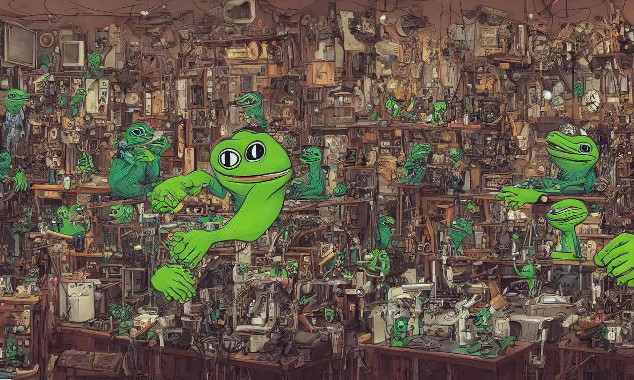 Image similar to an extremely cluttered animatronic pepe repair shop in 2067, art by Josan Gonzales and Dan Hillier, extremely detailed, fine detail, 8K