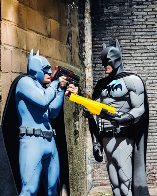 Image similar to happy batman firing super soaker water gun in an alleyway, everyone having fun, toy product advertisement, photography