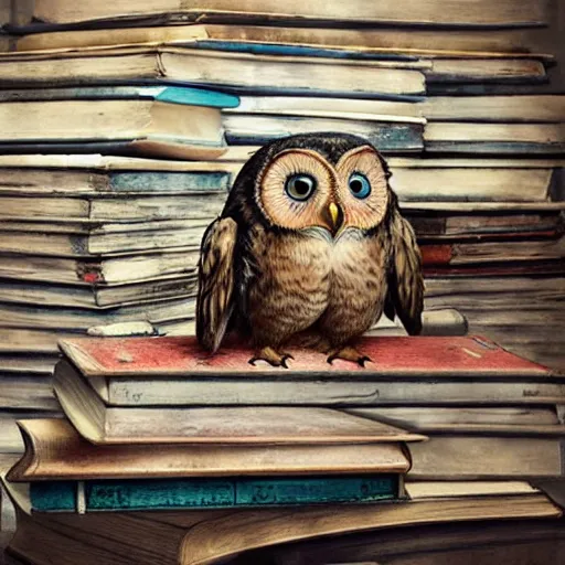 Image similar to long shot of a very cute plushy tired owl sitting on a pile of antique books, by esao andrews, by james jean, humorous illustration, hyperrealistic, big depth of field, fresh colors, dim light, 3 d octane render conceptart, 4 k, hyperdetailed, trending on artstation